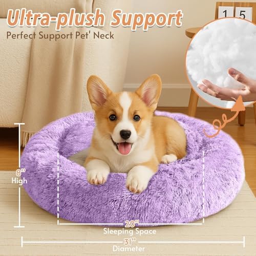 JOLLYVOGUE Calming Dog Bed Medium Size Dog, 31in Donut Washable Medium Pet Bed, Anti-Slip & Anti-Anxiety Fluffy Faux Fur Round Dogs Bed, Fits up to 45 lbs Pets (Purple)