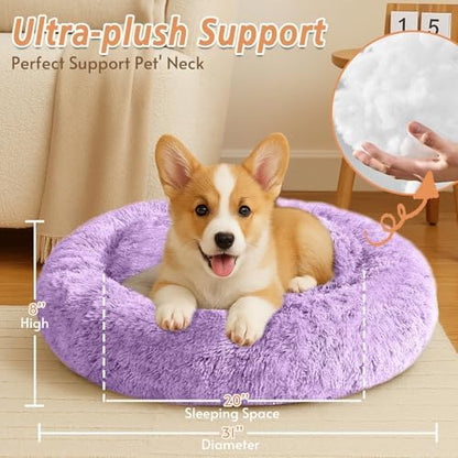 JOLLYVOGUE Calming Dog Bed Medium Size Dog, 31in Donut Washable Medium Pet Bed, Anti-Slip & Anti-Anxiety Fluffy Faux Fur Round Dogs Bed, Fits up to 45 lbs Pets (Purple)