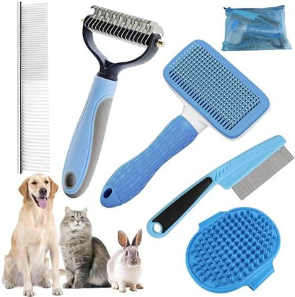 Dog Brush for Shedding,6 PCS in One Pet Slicker Hair Brush Kit Organizer Bag - Dog Cat Grooming Deshedding Undercoat Rake Brush Comb for All Small Large Dogs Cats Blue