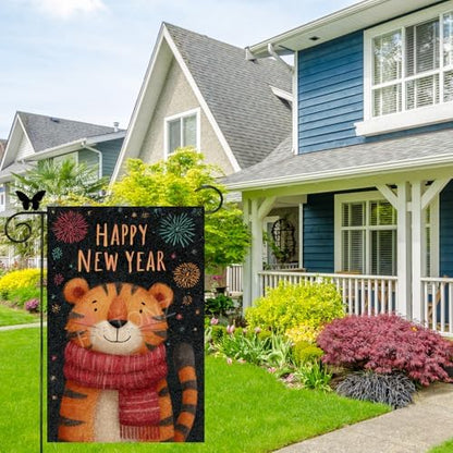 Happy New Year Garden Flag 12x18 Double Sided Vertical Linen Small Fireworks Tiger House Flag Welcome Holiday Winter House Outdoor Outside Decorations (27169)