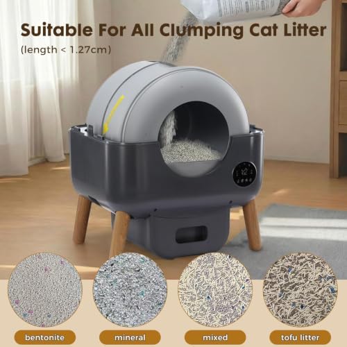 GTPLAYER Self Cleaning Litter Box, Automatic Cat Litter Box - APP Control and Weight Monitoring, Safety Sensors Protection, Ultra-Quiet, Odor Control, Includes Trash Bag& Scrub Brush, Deep Gray