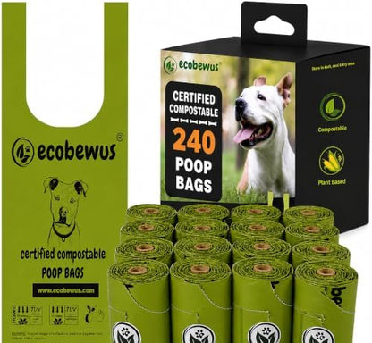 Certified Compostable Handle-Tie Dog Waste Bags (240 Bags), 16 Refill Rolls, Plant-Based Cornstarch, ASTM D6400 & EN 13432, TÜV OK Compost HOME Certified