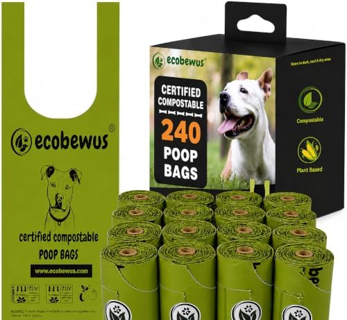 Certified Compostable Handle-Tie Dog Waste Bags (240 Bags), 16 Refill Rolls, Plant-Based Cornstarch, ASTM D6400 & EN 13432, TÜV OK Compost HOME Certified