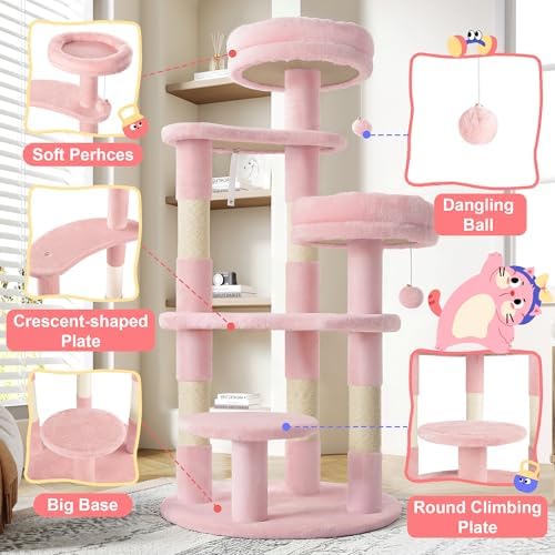 Allewie 55.5 in Cat Tree for Indoor Kitties/Soft Plush Perches/Multi-Level Cat Tower/Sisal Scratching Posts/Crescent Plates/Round Jumping Board/Hanging Ball/Pet Activity Center/Pink