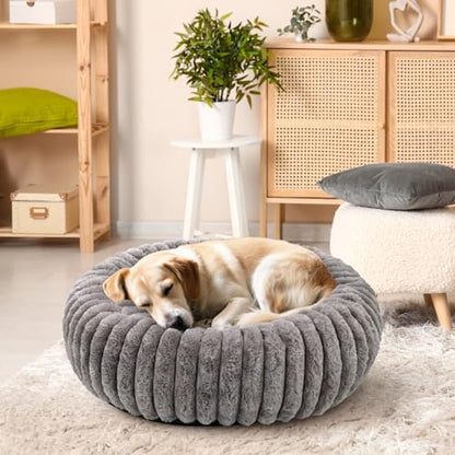 Round Cat Bed Washable, Ultra Soft Plush Bolster, 24 Inch, Grey