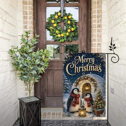 Christmas Penguin Garden Flag 12x18 Inch Merry Holiday Igloo Lantern Tree Snowflake Navy Winter Rustic Outdoor Yard Lawn Porch Farmhouse Double Sided Banner Welcome Decor