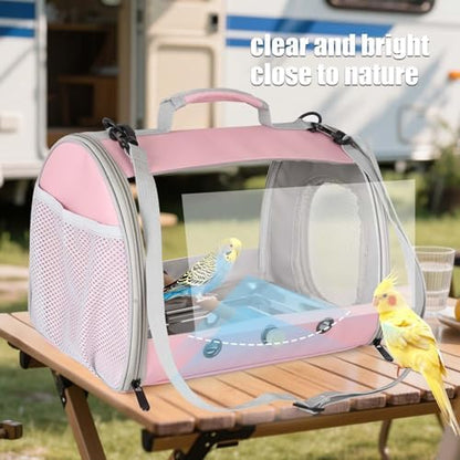 Bird Carrier, Portable Small Bird Parrot Parakeet Carrier with Standing Perch and Stainless Steel Tray, Side Access Window Collapsible (Pink, Cylinder Design - Clear)