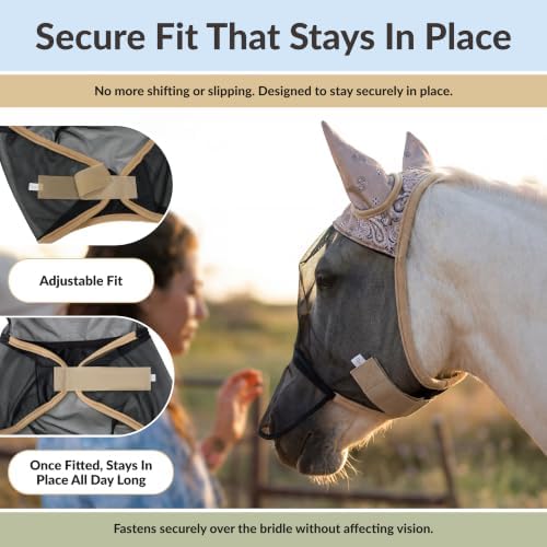TSZ Fly Free Ride Horse Fly Mask with Ears - UV-Resistant Breathable Mesh