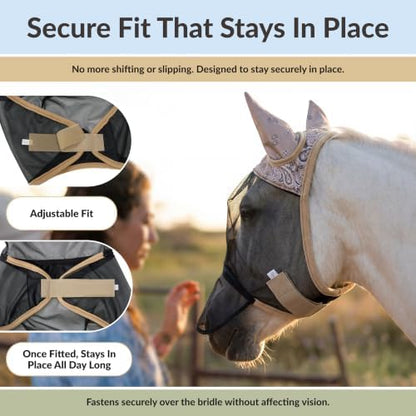 TSZ Fly Free Ride Horse Fly Mask with Ears - UV-Resistant Breathable Mesh