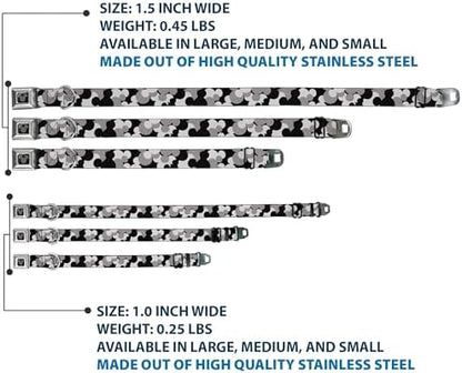 Dog Collar Seatbelt Buckle Mickey Mouse Head Stacked Black Grays 16 to 23 Inches 1.5 Inch Wide, DC-WDY349-WM