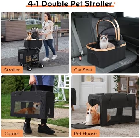 Double Pet Stroller for Small Medium Dogs - 4 In1 Dog Stroller for 2 Pets, Detachable and Foldable with 360°Rotating Wheels, Easy Assembly and Compact Size (Black)