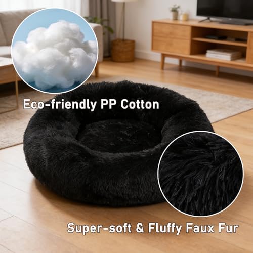 Calming Donut Dog Beds Large Sized Dog - Washable Removable Cover Non-Slip, Round Pet Bed Warming Fluffy Plush Faux Fur Anti-Anxiety Thick Cushion, Fits up to 80 lbs (Black, 36")