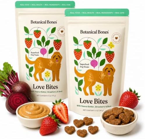 Love Bites Healthy Natural Dog Treats, Oven Baked Dog Cookies with Peanut Butter, Strawberry & Beet, Grain Free Limited Ingredient Snacks for Dogs, 2 Pack