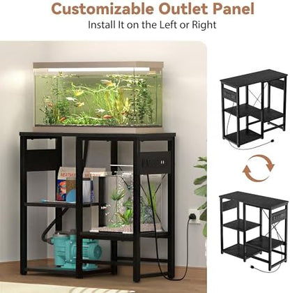 GRLEAF 5-10 Gallon Fish Tank Stand with Power Outlets, 4 Tier Metal Aquarium Stand with Wood Storage Shelves, 20.3" L x 10.6" W x 30.3" H Turtle Reptile Fish Tank Table Aquarium Table - Black