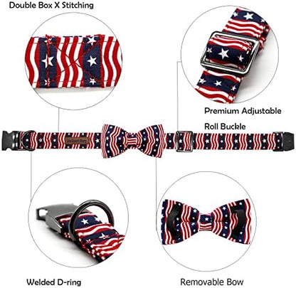 Lionheart glory American Flag Dog Collar, 4 of July Dog Bow Collar Heavy Duty Adjustable Patriotic Dog Collar with Bowtie for Small Dogs Pet Gift