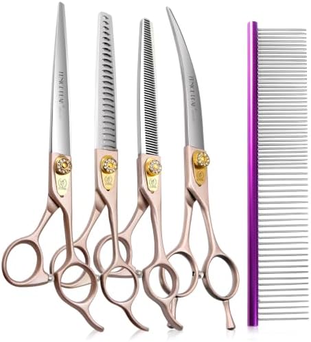 7.5'' Professional Dog Grooming Scissors Set Rose Gold 440C Stainless Steel Straight Thinning Curved Chunker Shears 4pcs Set for Pet Grooming Services Dogs and Cats