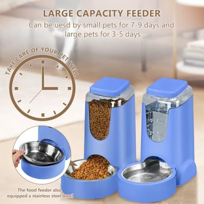 HWONMTE Portable Automatic Cat Feeder and Water Dispenser with Stainless Steel Bowl Dog Gravity Food Feeder and Waterer for Small Medium Pets Puppy Kitten 1 Gallon x 2 (Sapphire Blue)