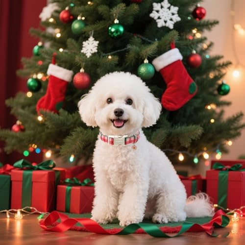 Lionet Paws SpringDog Collar- Red Pink Green Plaid Dog Collars with Plastic Buckle and Daisy Pendant,Light Winter Dogs Collar for Medium Large Dogs