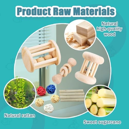 QWR 23 PCS Natural Wooden Rabbit Toys,Safe Bunny Chew Toys for Teeth,Grass Timothy Sticks,Sweet Bamboo,Guinea Pigs Teeth Grinding Toys for Chinchillas, Hamsters & Small Animals - Indoor & Outdoor