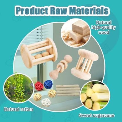 QWR 23 PCS Natural Wooden Rabbit Toys,Safe Bunny Chew Toys for Teeth,Grass Timothy Sticks,Sweet Bamboo,Guinea Pigs Teeth Grinding Toys for Chinchillas, Hamsters & Small Animals - Indoor & Outdoor