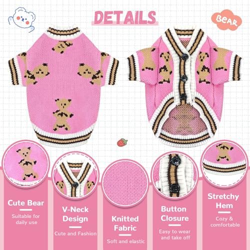 ABRRLO Small Dog Sweaters Cute Bear Dog Cardigans Clothes for Small Medium Dogs Boy Girl Puppy Cat Knitting Cardigan Outfits Dogs Winter Coats Warm Pet Doggy Clothes Soft Knitwear (Pink, Small)