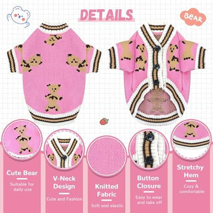 ABRRLO Small Dog Sweaters Cute Bear Dog Cardigans Clothes for Small Medium Dogs Boy Girl Puppy Cat Knitting Cardigan Outfits Dogs Winter Coats Warm Pet Doggy Clothes Soft Knitwear (Pink, Small)