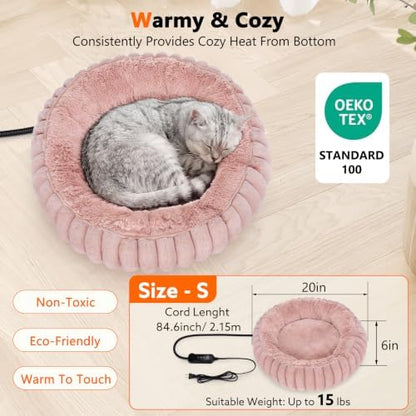 INVENHO Heated Cat Beds for Indoor Cats and Small Dogs, 20" Cozy Donut Heated Pet Bed with Timer & Temp Adjustable, Removable Waterproof Electric Warming Bed for Indoor Cat