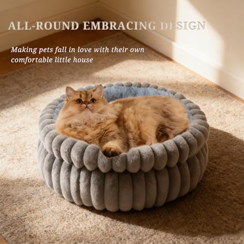 Cat Bed Kitten Bed,Round Dog Bed Cat Bed for Indoor, Soft Plush Fluffy Washable Round Sleeping Pet Bed for Puppy and Kitten with Anti-Slip Bottom (20×20 inch, Grey)