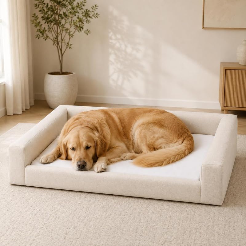 Mini Cloud Bed - Removable and Washable Covers - Upholstered Minimalist Modern Luxury - Toddler Baby Pet Dog Cat Nursery (Waterproof Beige Linen, Large)
