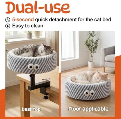 Cat Desk Bed, 2-in-1 Clamp On Desk Mount Perch & Nest, 360° Rotating Adjustable, 60 LBS Safe Weight Capacity, Washable Cushion for Small & Large Cats, Home Office Desk Hammock (Gray)