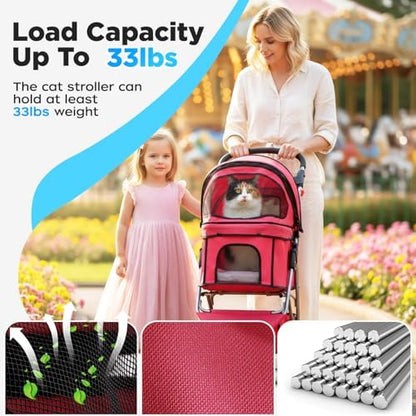 BestOffice Pet Stroller for Small Medium Dogs & Cats, 3-Wheel Foldable Dog Stroller with Cup Holder, Lightweight Travel Carrier, Waterproof Design for Outdoor Walks, Red