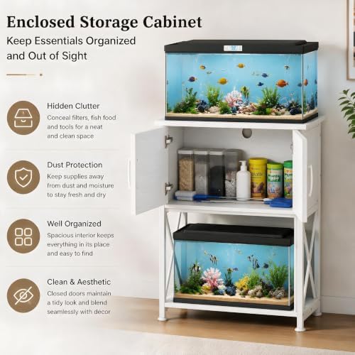 Herture 5-10 Gallon Fish Tank Stand, Metal Double Aquarium Stand with Cabinet for Fish Tank Accessories Storage, Heavy Duty 20.5" L* 11.02" W Tabletop, 500LBS Capacity White PG06YGW