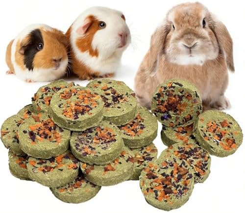 Fhiny 24 PCS Rabbit Chew Toys, Natural Timothy Hay Carrot Pumpkin Purple Potato Biscuit Cubes Bunny Chew Treats for Teeth Care Small Animals Molar Snacks for Hamster Guinea Pig Chinchilla Rat
