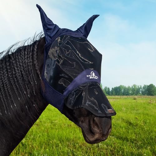 Horse Fly Mask with Ears and Extended Nose, Large Eye Space for Comfort, UV Protective Mesh Horse Mask with Shaped Nose and Upgraded Hook and Loop Fastener (Dark Navy Blue, Cob (Medium))