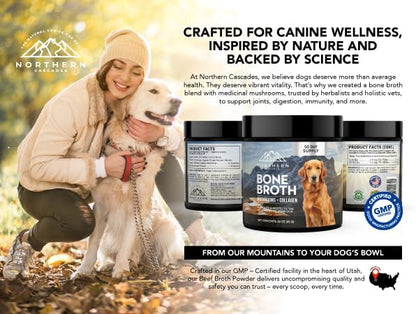 Bone Broth for Dogs – Grass-Fed Beef Protein Powder with Medicinal Mushrooms – Supports Hips, Joints, Digestion & Immunity – All-Natural Food Topper – 60 Servings (3 oz, 83 Grams)