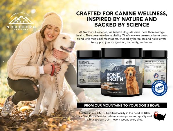 Bone Broth for Dogs – Grass-Fed Beef Protein Powder with Medicinal Mushrooms – Supports Hips, Joints, Digestion & Immunity – All-Natural Food Topper – 60 Servings (3 oz, 83 Grams)
