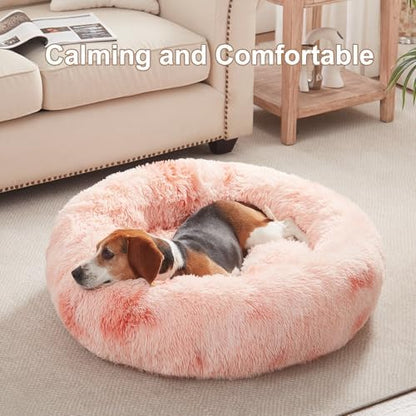 33 in Faux Fur Donut Dog Bed for Medium Plus Dogs,Tie-dye Pink