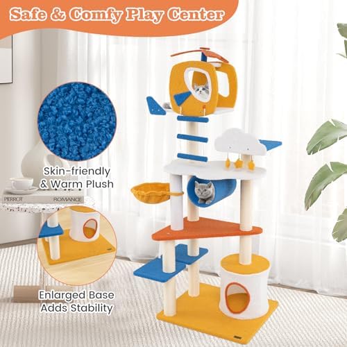 PETSITE 70 inch Tall Aviation-Themed Cat Tree Tower, Multi-Level Cute Cat Tower with Sisal Scratching Posts, Helicopter Top Perch, Basket Bed, Tunnel, Climbing Ladder, and Star-Shaped Hanging Toys