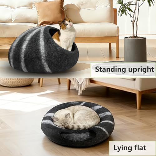 Felted Wool Cat Cave Merino Wool Cat Bed for Indoor Round Cave (Black)