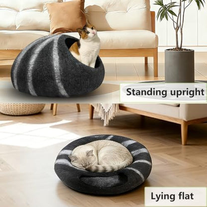 Felted Wool Cat Cave Merino Wool Cat Bed for Indoor Round Cave (Black)