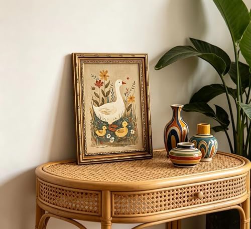 Vintage Gold Framed Goose Wall Art, Retro Floral Farm Animal Oil Painting Canvas Print, Antique Neutral Cottagecore Duck Wall Decor, Rustic Farmhouse Poster Artwork for Nursery Bedroom Living Room