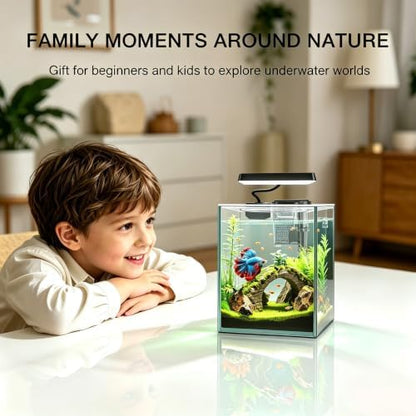 Ultra White Glass Betta Aquarium Starter Kits 1.5 Gallon Small Fish Tank, Betta Fish Tank with LED Light, Power Filter, 4mm Glass