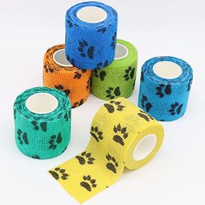 Self Adhesive Bandage Wrap Animal Cohesive Bandage Self Adherent Wrap First Aid Tape for Dogs Cats Horses Birds & Wrist Healing Ankle Sprain (2 Inch Mixed Cat Paw 6 Rolls)