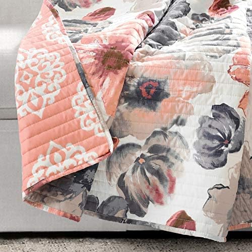 Lush Decor Leah Reversible Throw Blanket, 50" W x 60" L, Coral & Gray - Large Blooming Watercolor Flowers - Charming Quilted Floral Blanket For Bed, Couch, Or Chair