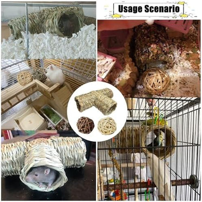 PINVNBY Hamster Grass Tunnel Toy Nature's Hideaway Guinea Pig Tunnels and Tubes Straw Tunnel House with 4 Entrances for Chinchillas Hedgehogs Rats Gerbils (4 PCS)