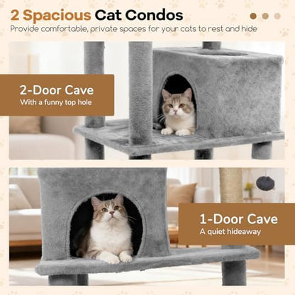 DORTALA 75" Tall Modern Cat Tree, Multi-Level Cat Tower with Large Condos, Sisal Scratching Posts, Top Perch, Hammock, Dangling Balls, Kitten Beds & Climbing Furniture for Indoor Cats (Light Grey)