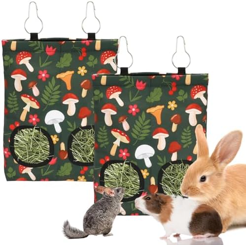 JarThenaAMCS 2Pcs Rabbit Hay Feeder Bag with 2 Holes 11.5 x 9 Inch Mushroom Guinea Pig Hanging Hay Feeding Bag Storage Dispenser for Chinchilla Hamster Bunny Small Animal Pet