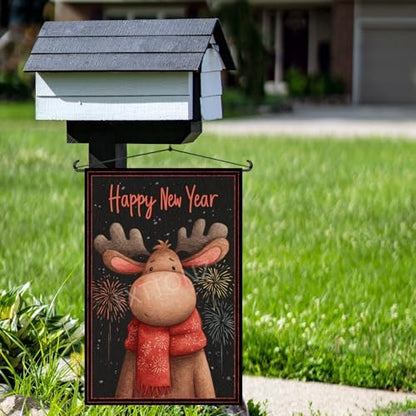 Happy New Year Garden Flag 12x18 Double Sided Vertical Linen Small Fireworks Moose House Flag Welcome Holiday Winter House Outdoor Outside Decorations (27178)