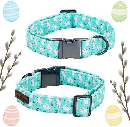 Easter Dog Collar, White Rabbit Print Blue Pet Collars Cute Durable Metal Buckle Girl and Boy Dog Collars Adjustable for Small Medium Large Dogs