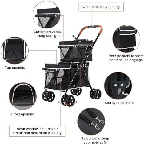 Double Pet Stroller for 2 Dogs & Cats, Double-Decker, Black